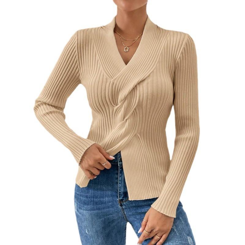 Womens Slim Fit Long Sleeve Knit Sweater V-Neck Solid Color Ribbed Hem Split Elegant Office Wear
