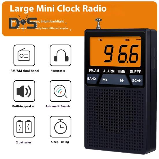 Portable AM/FM Radio Mini 2 Band Radio with Speaker Multipurpose Time Display Alarm Clock Function Large Screen Radio