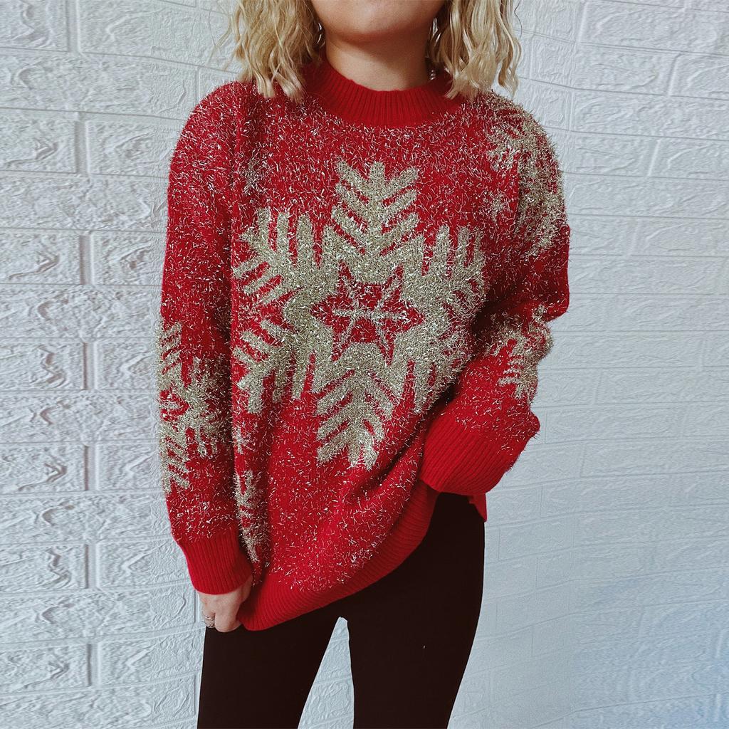 New Year holiday pullover sweater with gold thread, brushed jacquard, big snowflakes, reindeer, Christmas sweater for women 3544 KTB