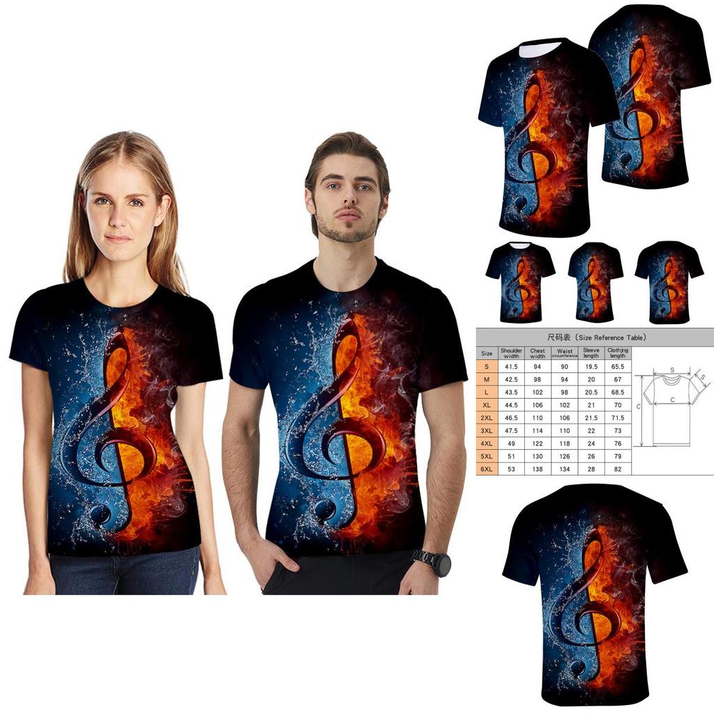 Stylish Mens Ice Fire Music Note 3d Printed Short-sleeved O-neck Casual Tee