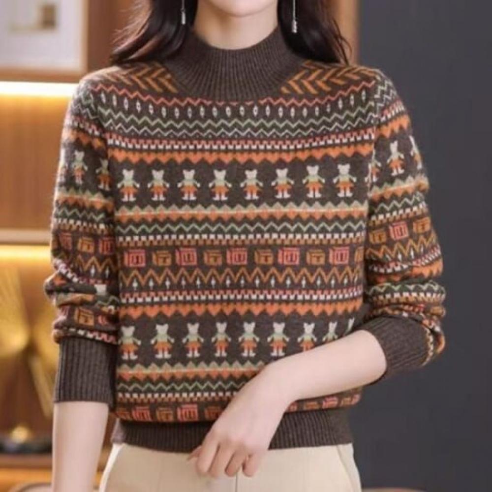 Navava Women S Retro Ethnic Pattern Half Turtle Neck Long Sleeve Knit Sweater Nk