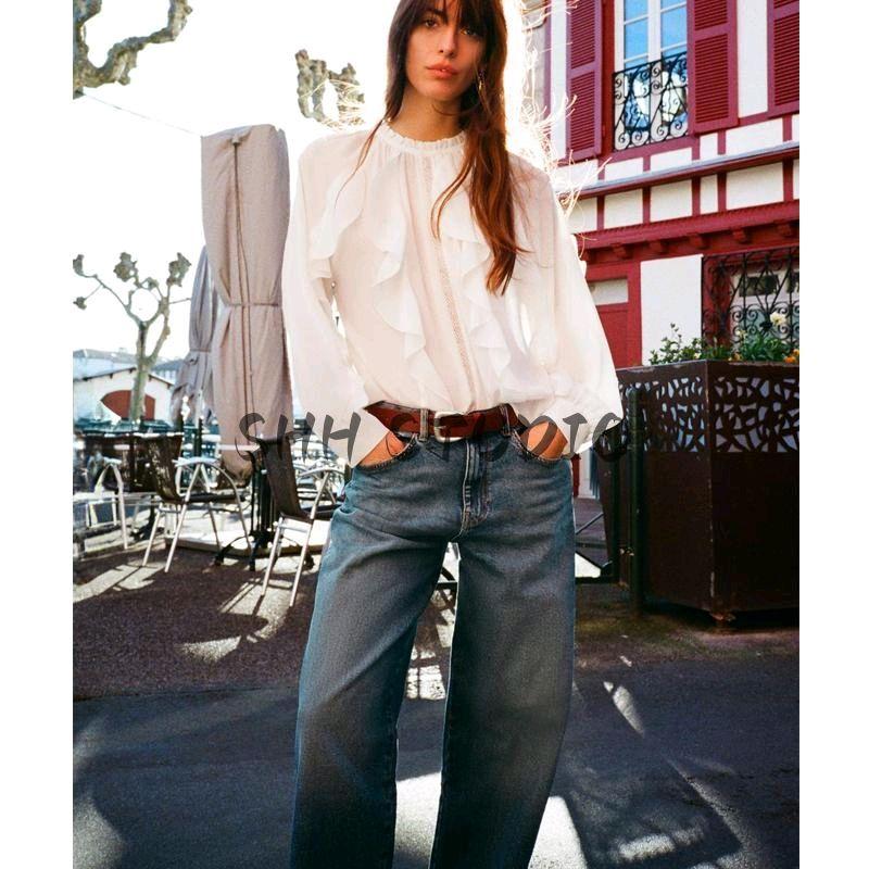 Spring New Women's Clothing Romantic Style Crew Neck Casual Loose Trim Laminated Decoration Blouse 2122925