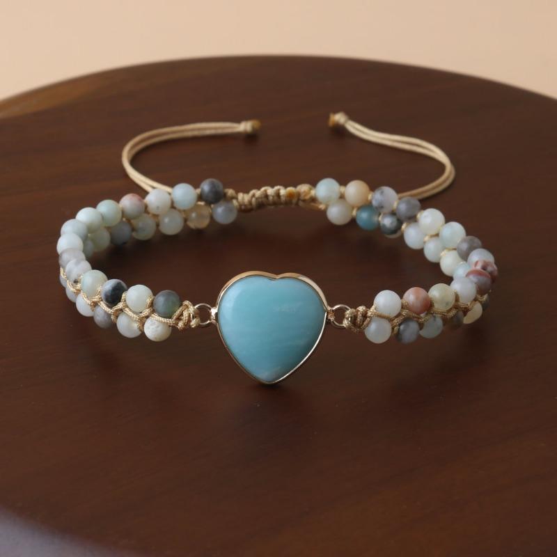 Amazonite Heart Beaded Bracelet – Mixed Stone & Gold Accent Adjustable Dainty Jewelry, Love Calm Gift for Women
