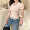 V-neck Front Shoulder Short-sleeved T-shirt for Women In Summer New Slim Large Size Design Lace-edged Top