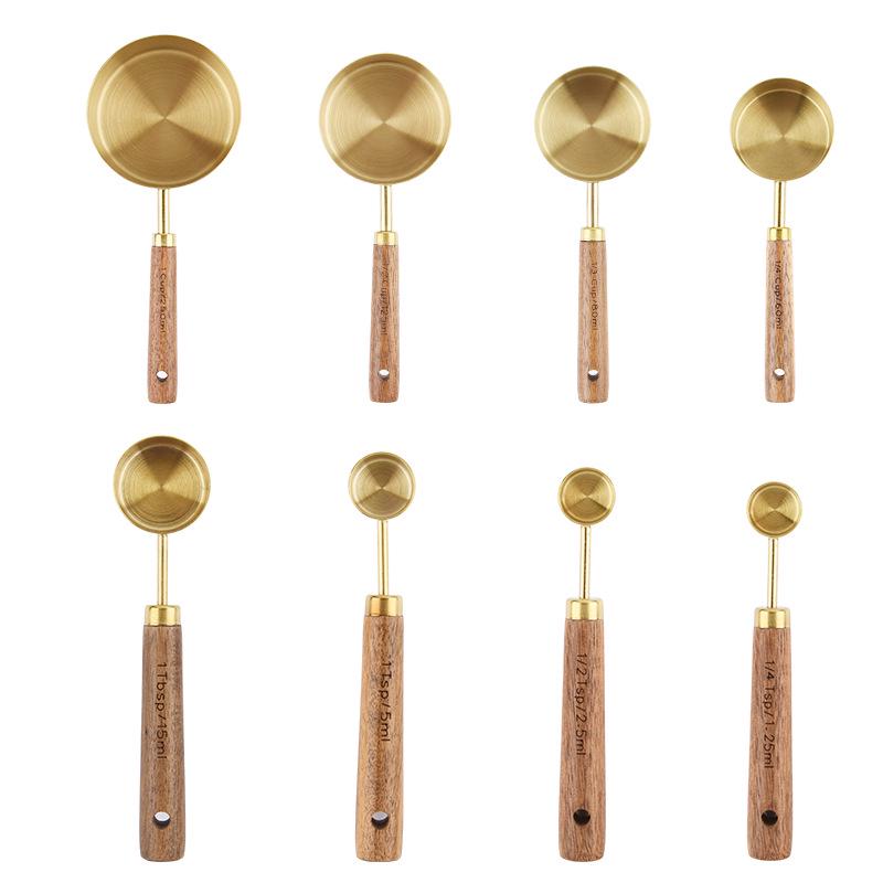 Golden Stainless Steel & Wooden Handle Measuring Spoons with Scale - Set of 8 for Coffee & Baking