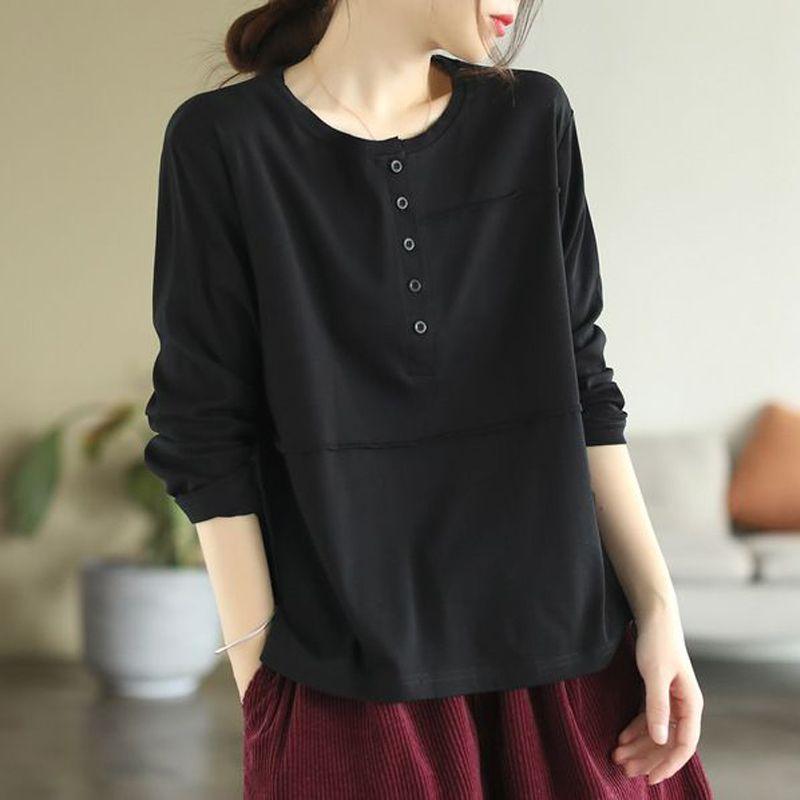 Artistic Retro Spring Autumn Long Sleeved T-shirt for Women Casual Slimming Patchwork Button Down Bottom Shirt Top