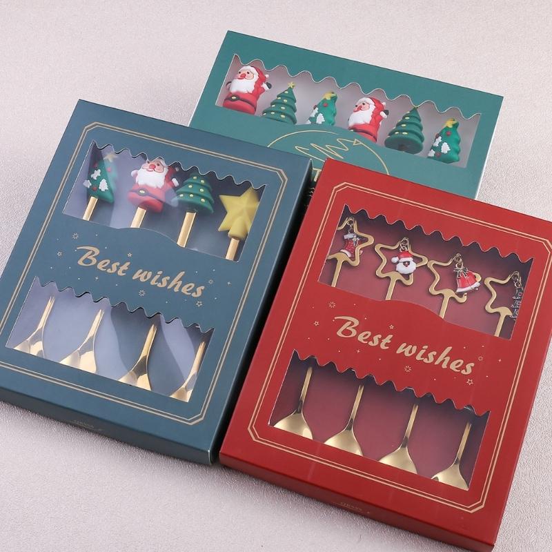 4pcs Christmas Spoons Forks with Gift Box Coffee Spoon Tea Stirring Spoon Xmas