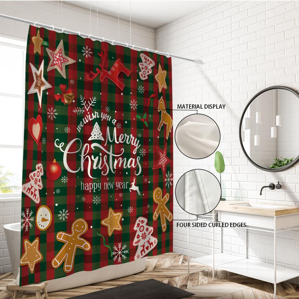 1pc Christmas Gingerbread Print Waterproof Holiday Shower Curtain Bathe Partition Privacy Multi Size 12 Hooks Easy Installation
