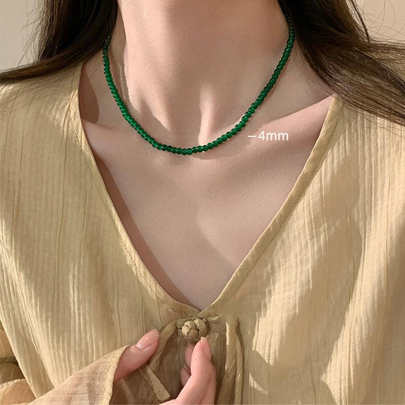 New Chinese-style green ingot buckle necklace women's light luxury niche high-end sense beaded collarbone chain retro temperament match
