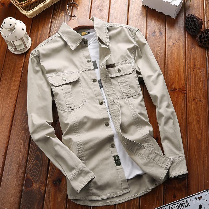New Men's Spring and Autumn Long-sleeved Solid Color Shirt Military Uniform Outdoor Shirt Large Size Outdoor Workwear