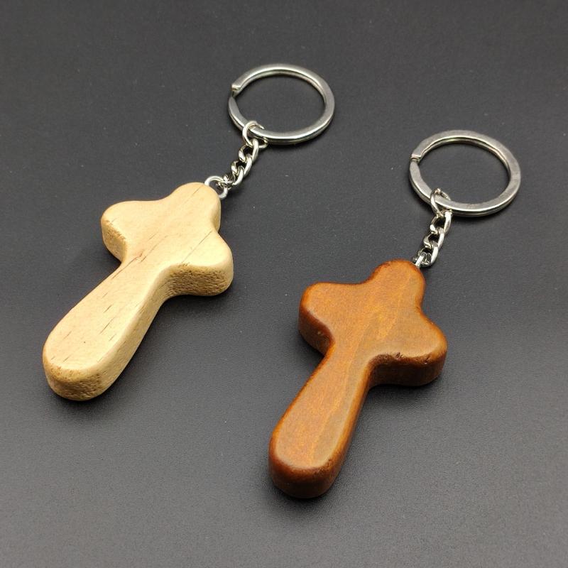 Unique Design Cross Wooden Keyrings Eco-friendly Natural Wood Keychains for Women Men Backpack Car