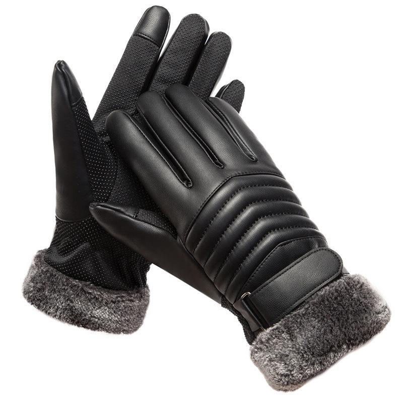 Gloves Winter Men's Fleece Warm Gloves Outdoor Riding Motorcycle PU Touch Screen Cotton Gloves