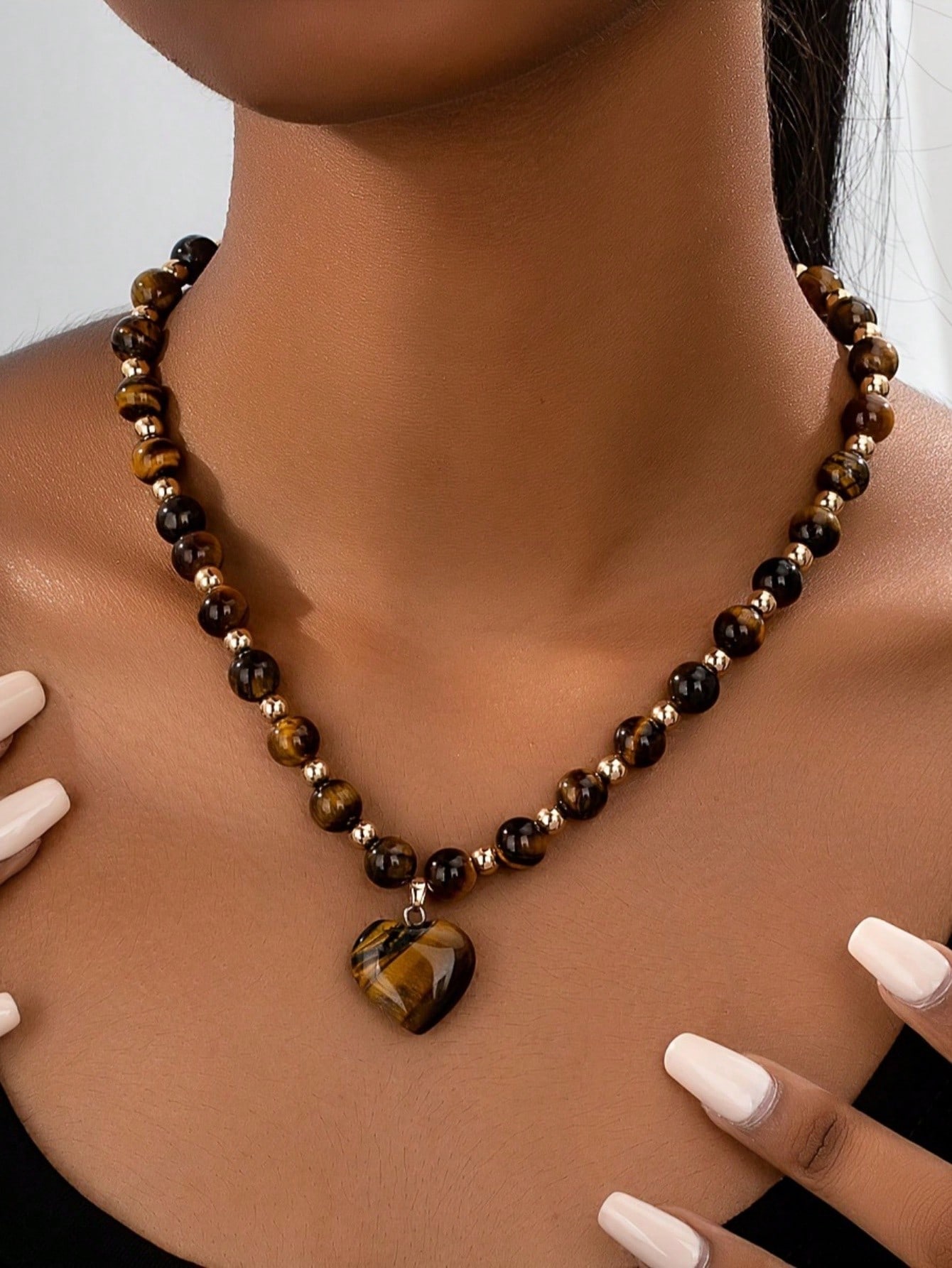 

Винтажное ожерелье-подвеска в виде сердца из бусин «тигровый глаз» и «кошачий глаз» - Идеально для вечеринок, дней рождения и повседневного очарования