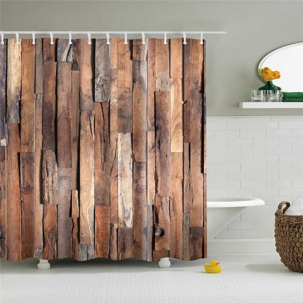 Wooden Door Shower Curtains Bathroom Curtain Stripes Letters Printed Waterproof Bath Screen Curtain for Home Decor with Hooks