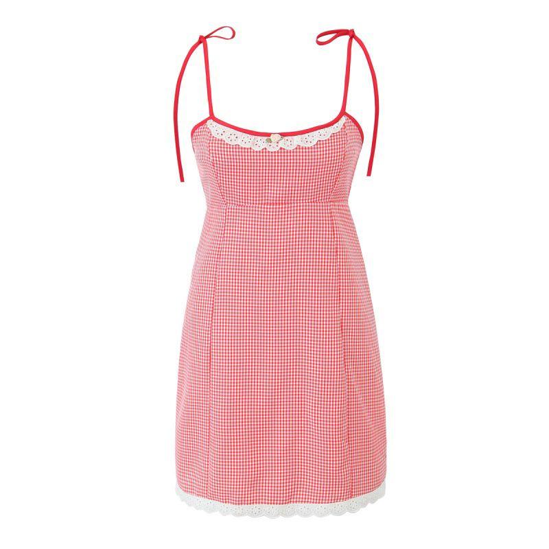 

Kitteny Red Plaid Story Pure Desire Cute Sweet Girl Plaid Flounce Trim Lace up Suspender Skirt Slimming and Short Dress Red Lattice Story L