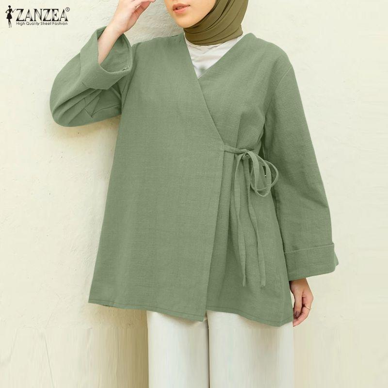 ZANZEA Damska codzienna bluzka z dekoltem w serek, długim rękawem i luźnym krojem