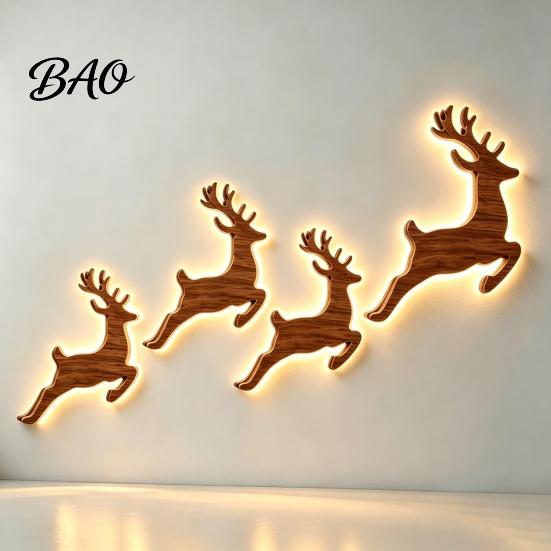 Damage Free Wall Decor Christmas Reindeer Light, Wooden LED Silhouette with Warm Backlight, Seasonal Entryway Accent Battery Operated Lighted Festive