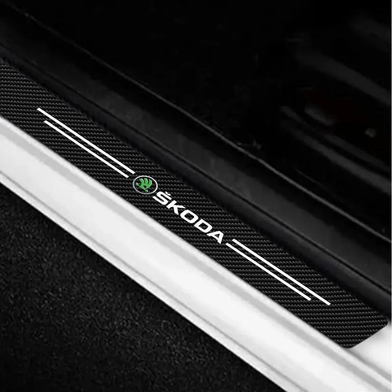 4Pcs New Leather Carbon Fiber Car Door Sill Threshold Protector Stickers For Skoda Octavia A5 A7 Rapid Fabia Superb Kodiaq Scala