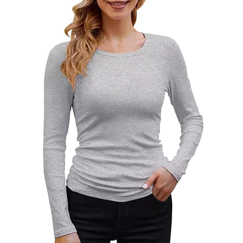 Camiseta Básica de Manga Larga para Mujer, Cuello Redondo, Canalé, Color Liso