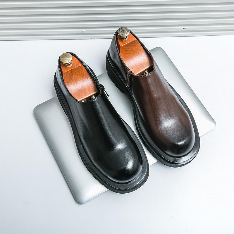 Derby Shoes Men's New One-pedal Low-top Casual Leather Shoes Men's British Style Platform Black Martin Shoes
