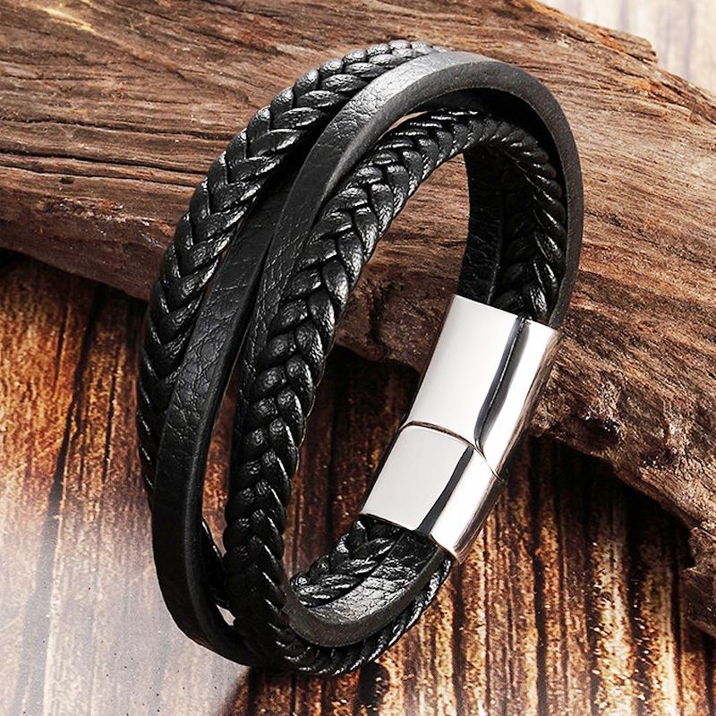 Braided Rope Woven Black Leather Men Bracelets Punk Style Stainless Steel Bangle for Friend Charm Fashion Jewelry Gifts