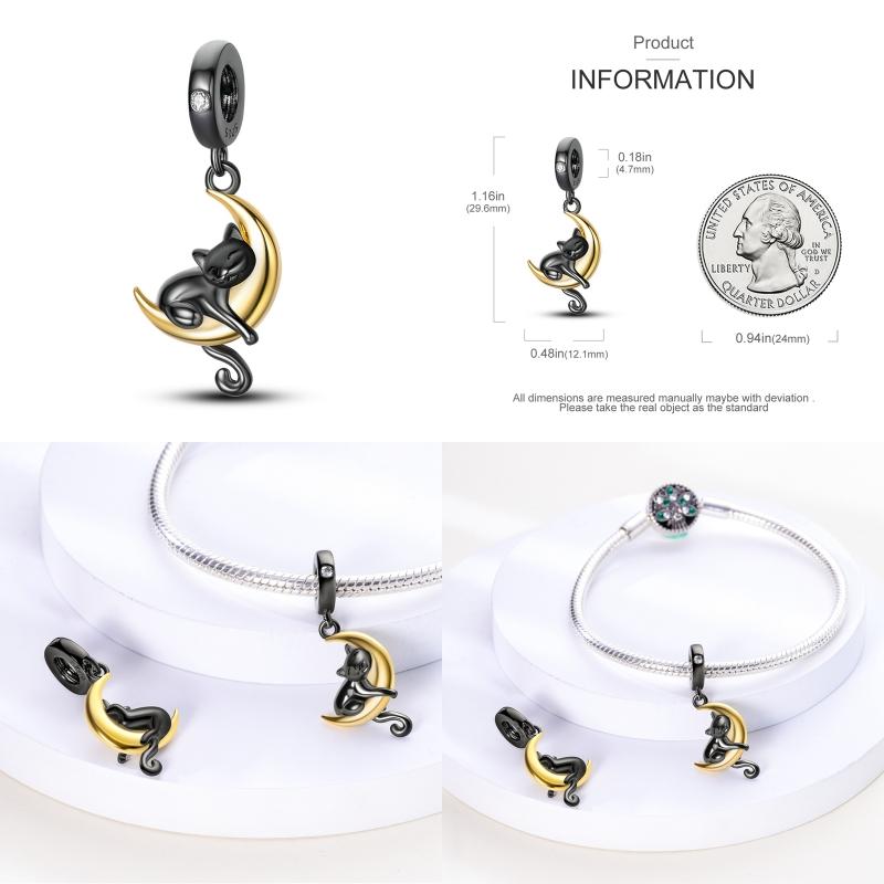 100% Real S925 Silver Moon Black Cat Charms Fit Qikaola Bracelet&Bangle For Women Birthday Fine Jewelry Gift