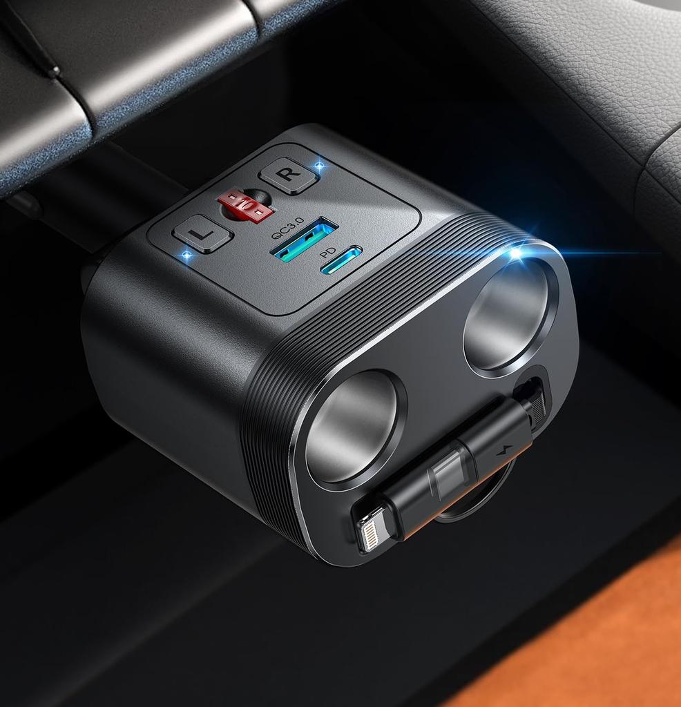 JOYROOM 5-in-1 Cigarette Lighter Socket, 140W (Industry's First! Extension Socket + Retractable Charging Cable)