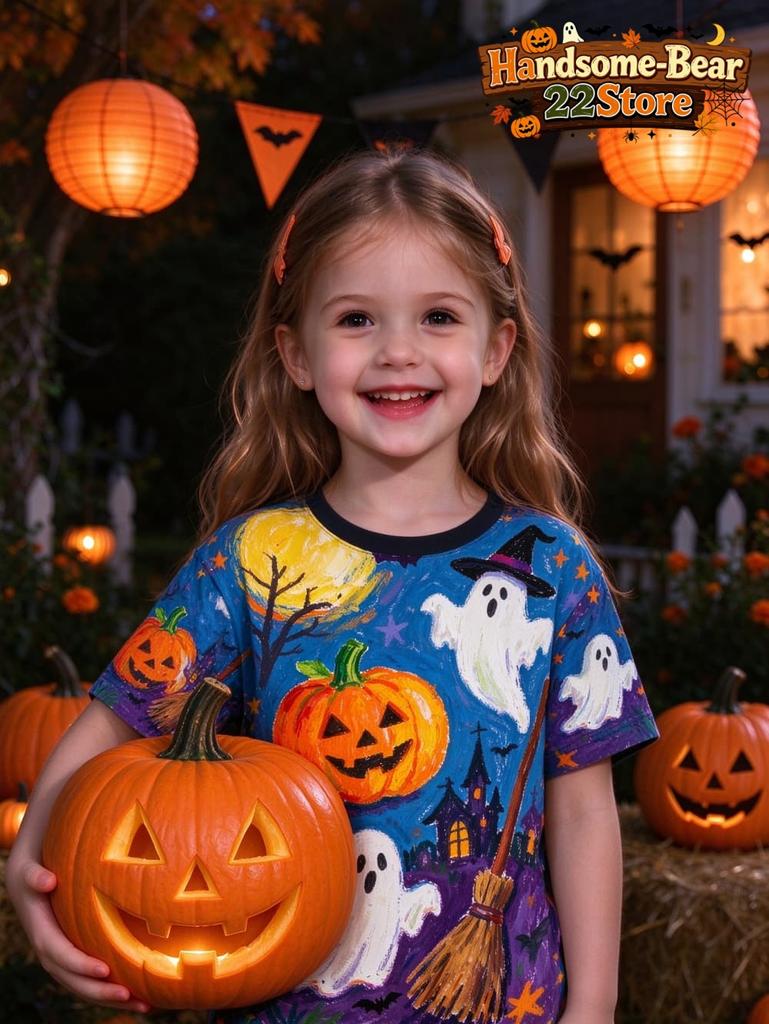 Kids Halloween Girls T-Shirt Pink Leopard Print Ghost Pumpkin Spider Bat Graphic Tee Short Sleeve Casual Top for Halloween Party