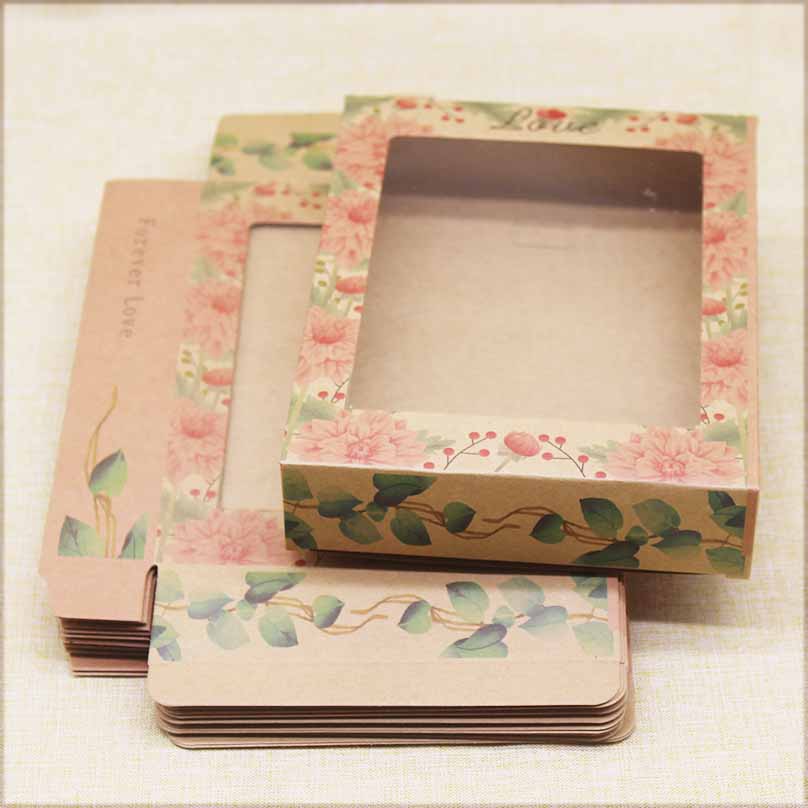 Newest 10pcs Kraft Paper Marbling Thank You Window Box Flower Print Christmas Gifts Candy Wedding Favors Home Party Package Box