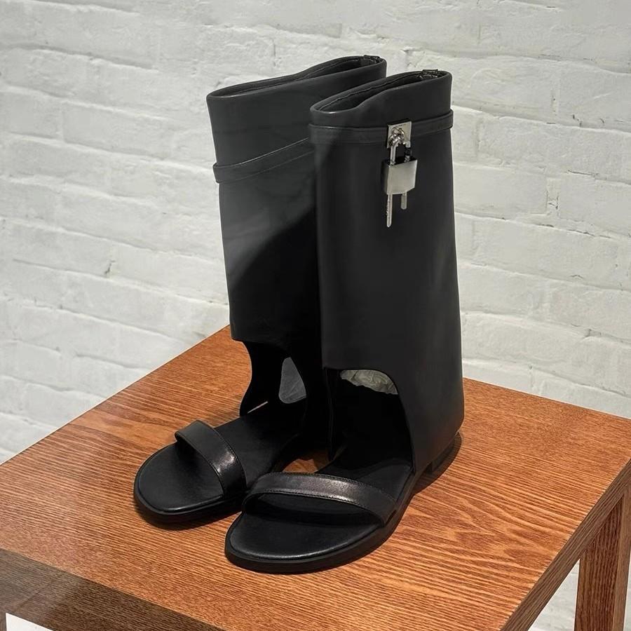 

New niche leather open-toed Roman cool boots women s flat-bottomed retro mid-tube pants tube boots sandals 40 чёрный