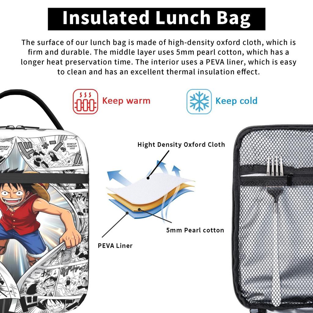 Vintage Luffy Black White Manga One Piece Lunch Bag  Picnic Lunch Box For Girl Boy  Thermal Tote Handbags Portable Cooler Bag
