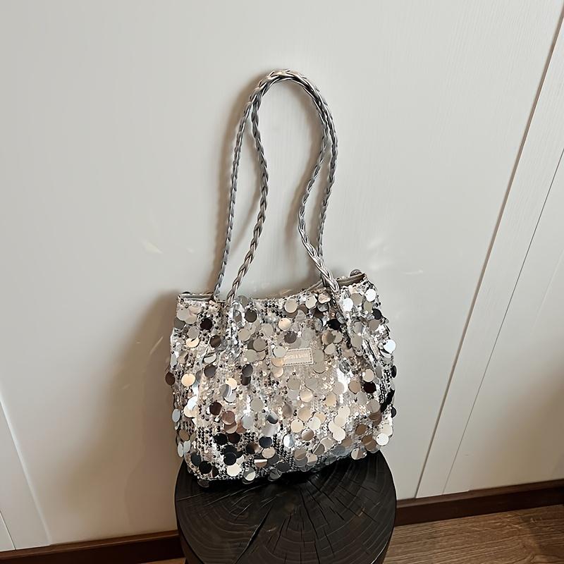 

Elegant White Sequin Clutch Bag with Fixed Shoulder Strap Chic Underarm Purse for Parties, Travel & Evening, Zipper Closure, Sparkling Embellishments