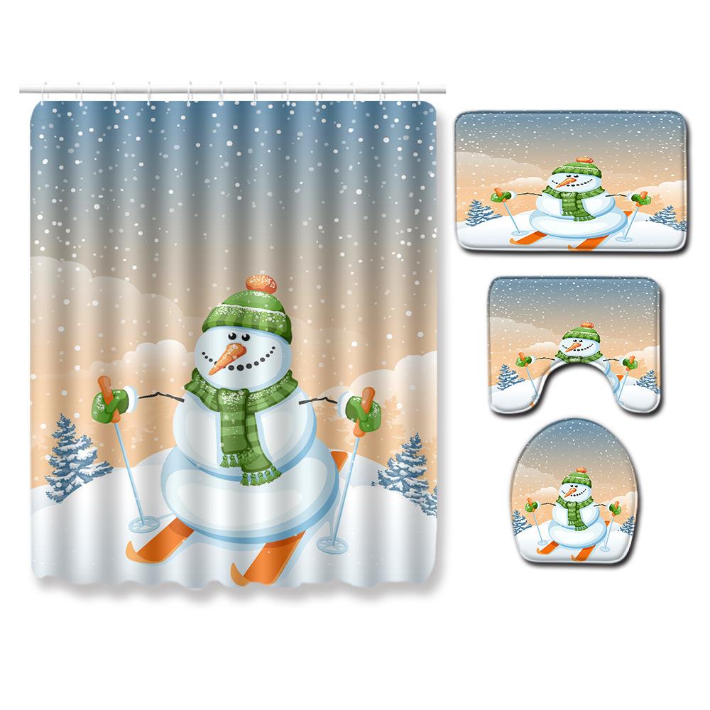 Christmas Shower Curtain Floor Mat Combination Four-Piece Set Bathroom Toilet Carpet Shower Room Mat Foot Mat