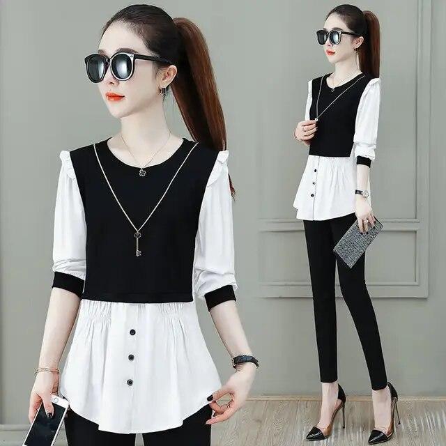 

Женская искусственная блузка из двух предметов, весенне-осенняя новая модная рубашка с длинным рукавом и круглым воротником, темпераментный топ XXL белый