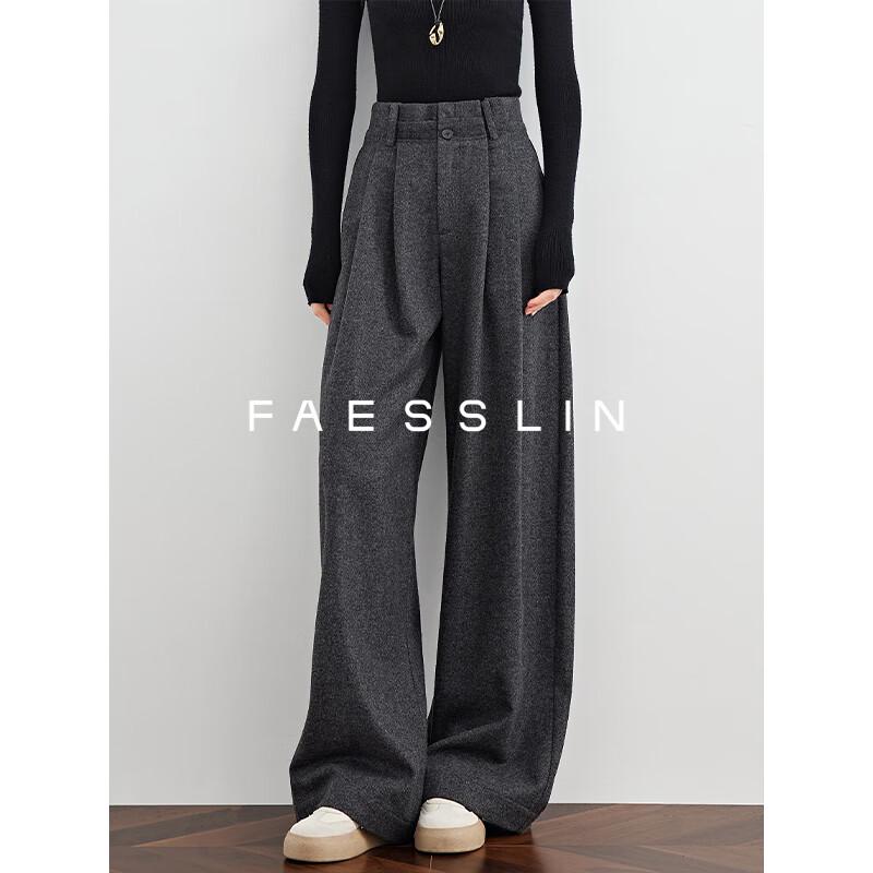 

FAESSLIN Women s Grey Wool Blend Draped Wide-Leg Trousers XL