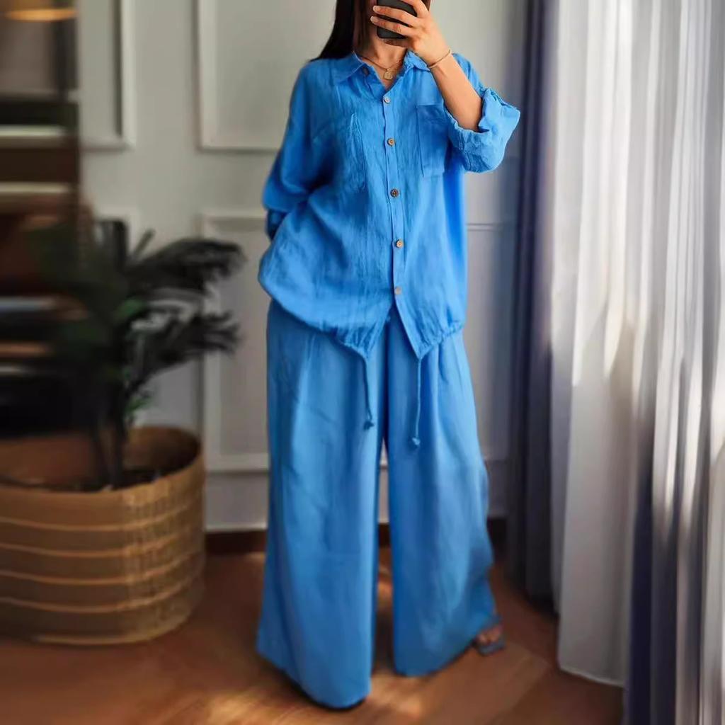 Women's Casual Solid Color Long Sleeve Shirts Cotton Linen Pants Suit
