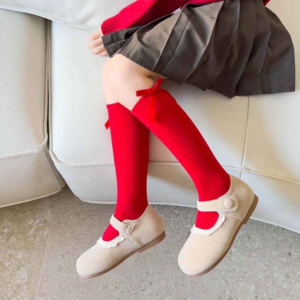 MidTube Bow Hosiery for Kids Cotton Children Long Socks Sleeping New Year Red Socks  Autumn