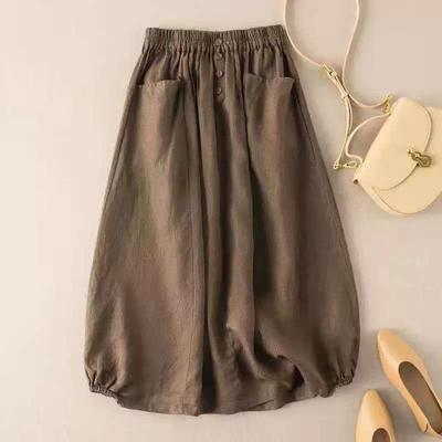 Women Summer High-Waist Elastic Waistband Pockets Buttons Decor Large Hem Midi Skirt Women Solid Color A-Line Retro Skirt