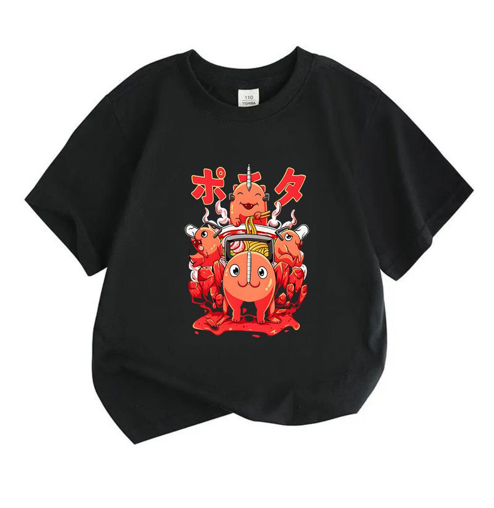 Kids Boys Girls 100% Cotton Crew Neck Short Sleeve T-Shirt, Cute Anime Pochita Ramen Cartoon Print Casual Soft Tee for Daily Playwear Summer Tops