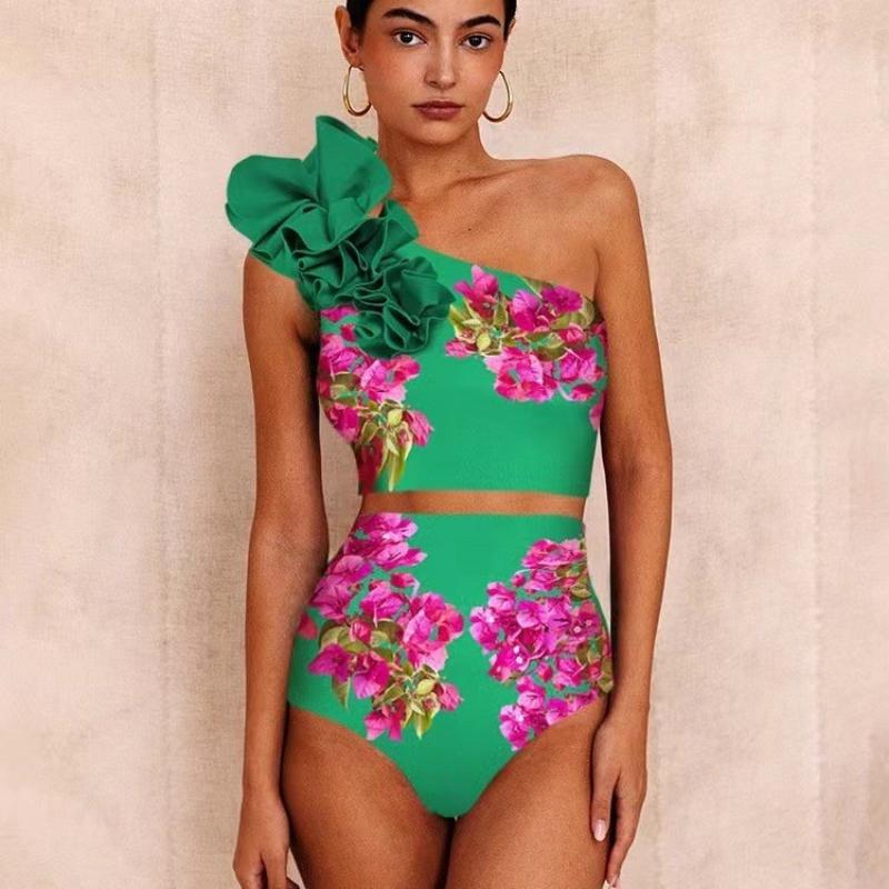 3D Big Flower One Shoulder Cutout Waist Bikini Set Bougainvillea Floral Print High Waisted Luxury Elegant Two Piece Swimsuit S зелёный