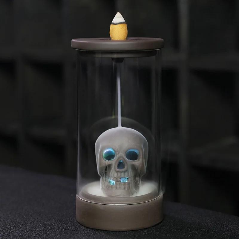 1pc, Ceramic Windproof Waterfall Backflow Led Skull Incense Burner Home Office Tea House Decorate Halloween Skull Decoration