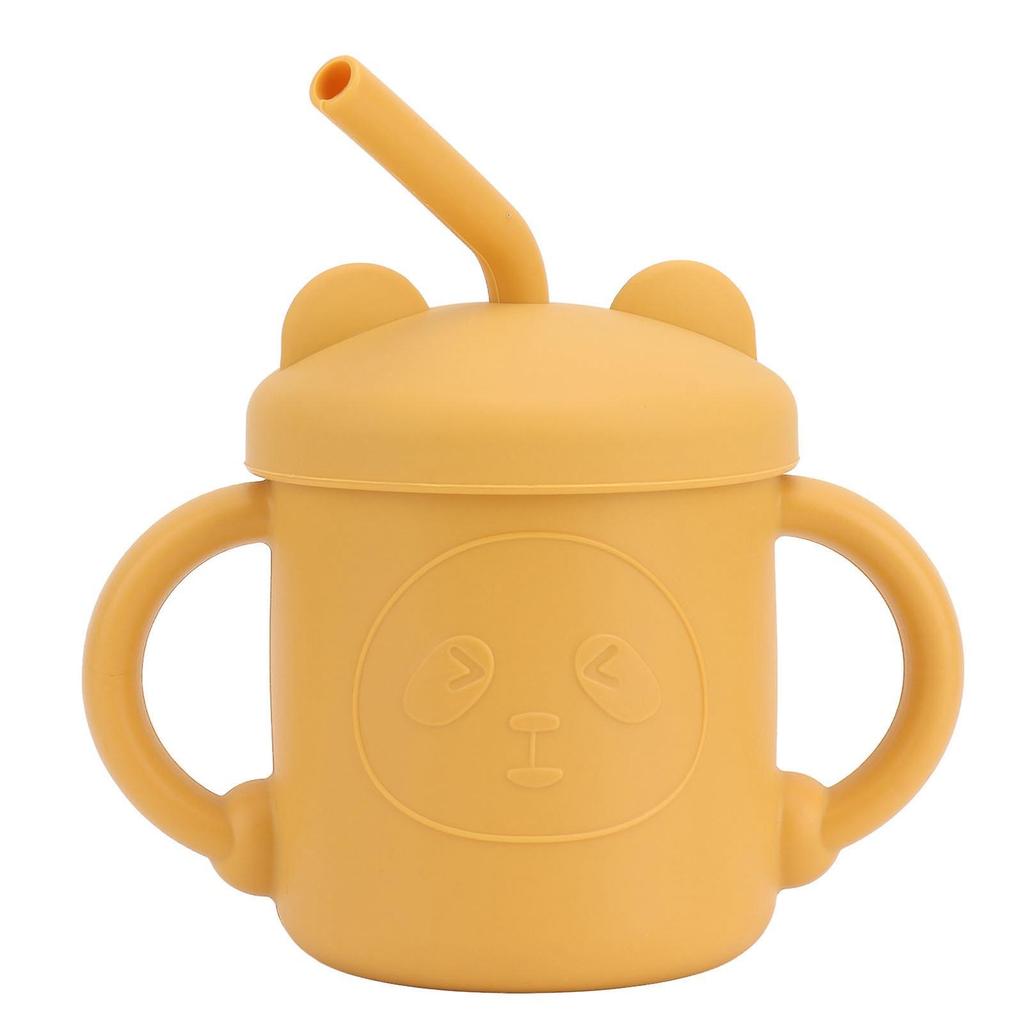 1 Pcs Silicone Sippy Cup Panda Pattern Baby Learning Training Cup Drop Resistant Silicone Sippy Cup with Handles Spout Lid