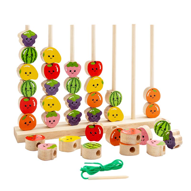 Wooden Cartoon Fruit Stringing Threading Beads DIY Toy Color Shape Matching Puzzle Game Wooden Toy Montessori Education Toy