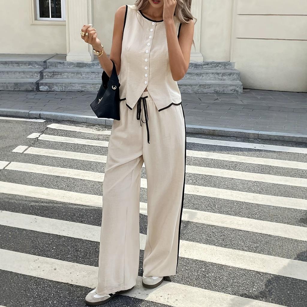 women's clothing European and American sleeveless vest high-waisted wide-leg pants two-piece set with elegant temperament and color-blocking edging