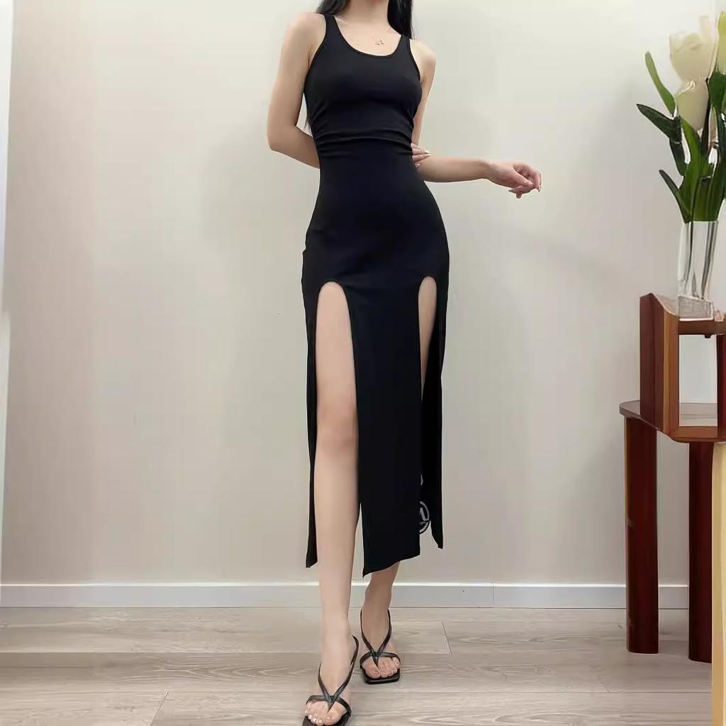 Sexy Fishing Department High Split Fork Spice Girl Sleeveless Vest Summer New Pull Pleated Waist Thin Hip Wrap Dress Long Dress