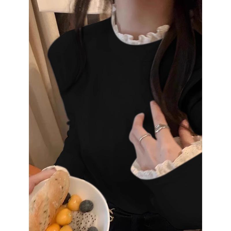 

Хлопковая футболка с полувысоким воротником, кружевная, с длинным рукавом, женская, весенняя, облегающая, нижняя, с топом XL чёрный