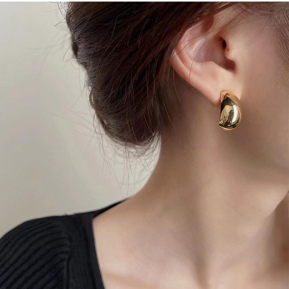 Water Droplet Glossy Teardrop Earrings Retro Half-round Stud Earrings Metal Drop Earrings  Women