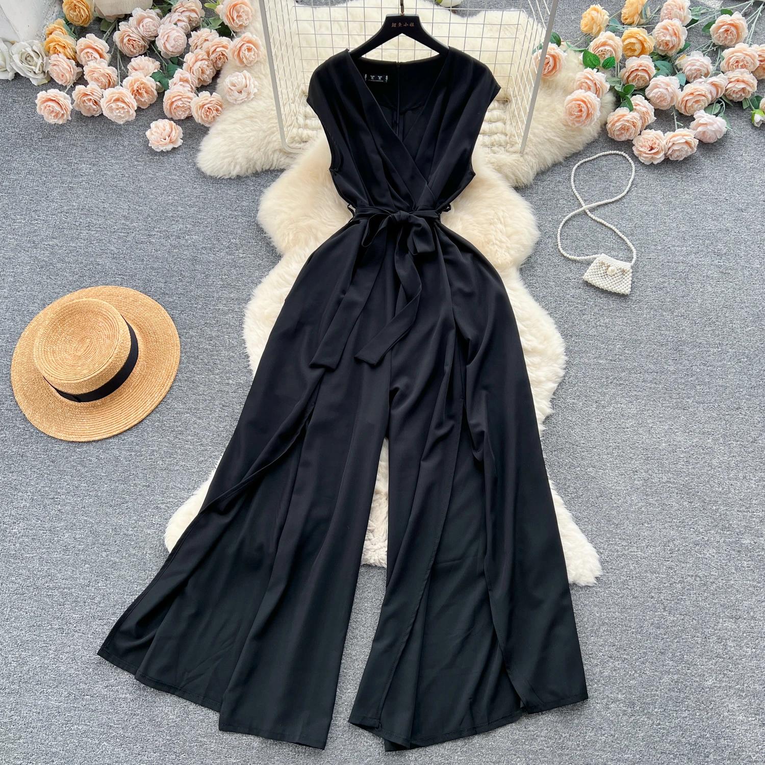 

Летний женский комбинезон Vintgae с широкими штанинами, женский элегантный v-образный вырез без рукавов с высокой талией, тонкий повседневный бандажный комбинезон, новая мода One Size чёрный