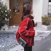 Red Wool Patchwork Parker Cotton Winter Women's Jacket with Velvet-thickened Street Style American Vintage Cotton Jacket