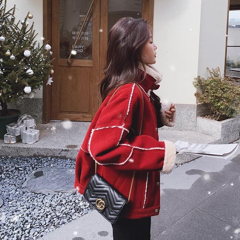 Red Wool Patchwork Parker Cotton Winter Women's Jacket with Velvet-thickened Street Style American Vintage Cotton Jacket